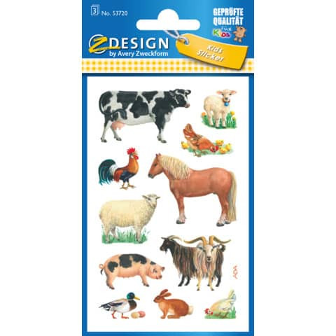 Z-Design 53720, Kinder Sticker, Bauernhoftiere, 3 Bogen/33 Sticker