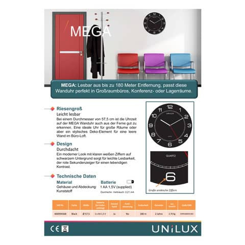 Wanduhr Ø57,5 cm schwarz UNILUX 400094568 Mega