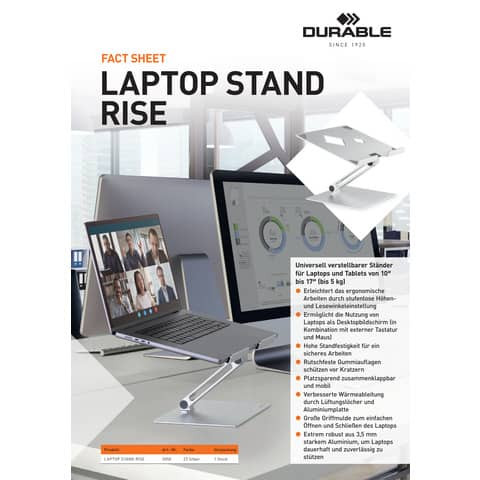 Notebookständer Metall bis 17Zoll m.silb DURABLE 5050 23 RISE