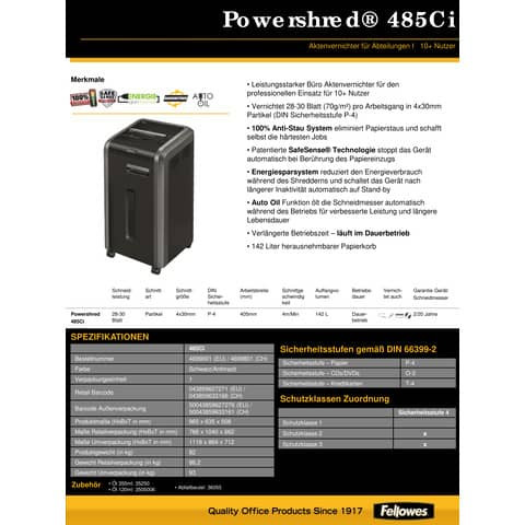 Aktenvernichter C485Ci Par FELLOWES 4699001 3,9x30mm