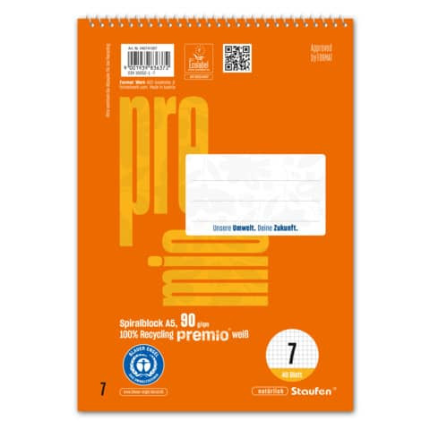 Spiralblock A5 40BL 7mm kariert orange STAUFEN PREMIO 040741007 LIN7