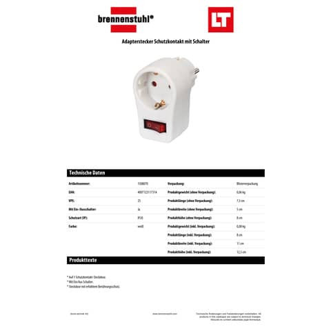 Adapter Steckdose+Schalter 1-fach weiß BRENNENSTUHL 1508070