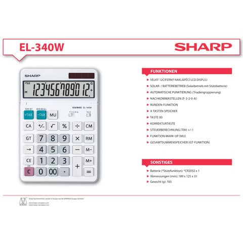 Tischrechner 12-stellig weiß SHARP SH-EL340W DualPower
