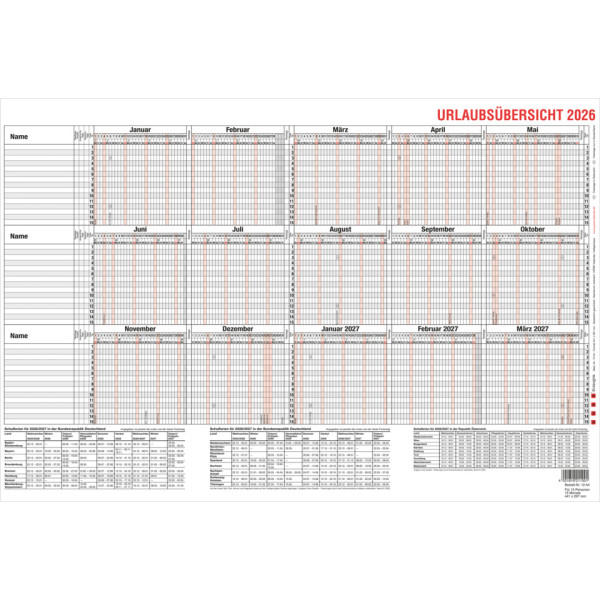Urlaubsplaner 44x30cm GÜSS 12-54 V 15 Mitarbeiter