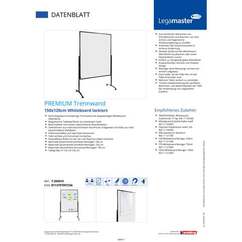 Trennwand PREMIUM+ mobil 150x120 cm LEGAMASTER 7-204910 lackiert