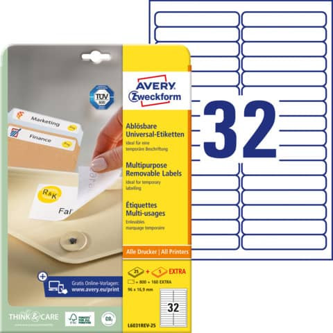 Etiketten 96x16.9 ablösbar weiß ZWECKFORM L6031Rev-25 800ST