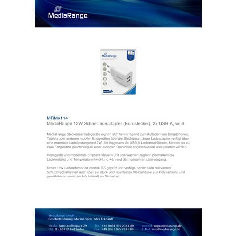 Ladegerät Steckdose 2x USB-A weiß MEDIARANGE MRMA114 12 Watt