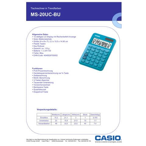 Tischrechner 12-stellig blau CASIO MS-20UC-BU