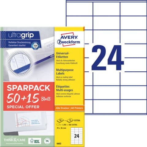 Universaletiketten 70x36 weiß AVERY ZWECKFORM 6602 A4 mit ultragrip