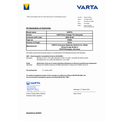 Ladegerät Akku +4x AA grau/grün VARTA 57683 101 121 Eco Pro Recycled