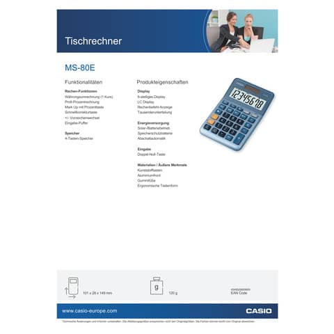 Tischrechner 8-stellig silberblau CASIO MS-80E Solar/Batterie 103x147x29mm