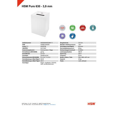 Aktenvernichter Pure 630 weiß HSM 2360111 Streif. 3,9mm