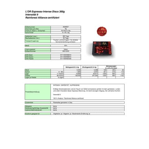 Kaffeekapseln DISCS 50ST EspressoIntense L'OR 4029937 L`OR Intensität 9