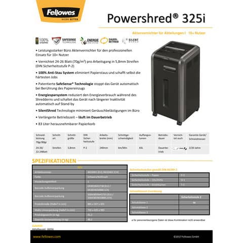 Aktenvernichter 325i 5,8mm FELLOWES 4633001 Streifen