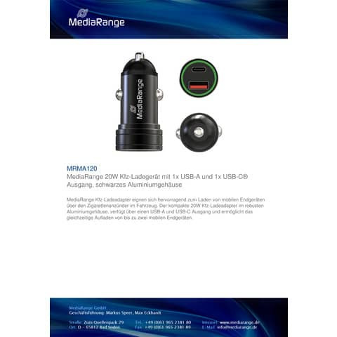 Ladegerät KFZ USB-A/USB-C schwarz MEDIARANGE MRMA120