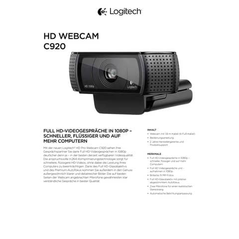 Webcamera C920 Full HD 1080p schwarz LOGITECH 960-001055