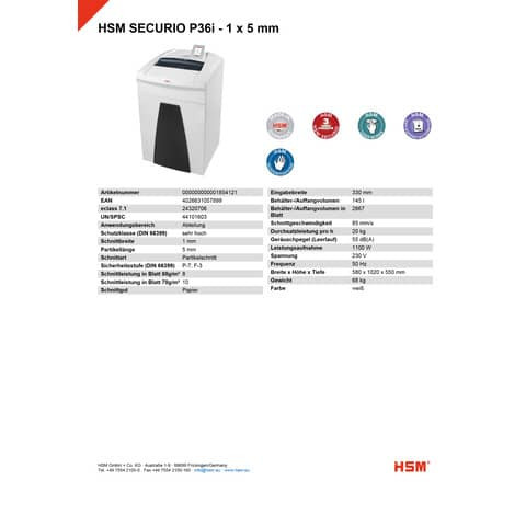 Aktenvernichter Securio P36i weiß HSM 1854121 1x5mm