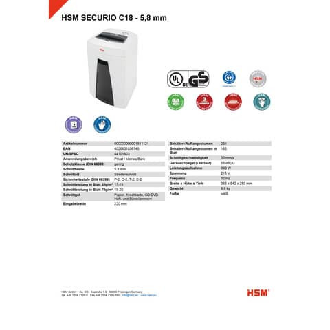 Aktenvernichter SecurioC18 ws HSM 1911121 5,8mm