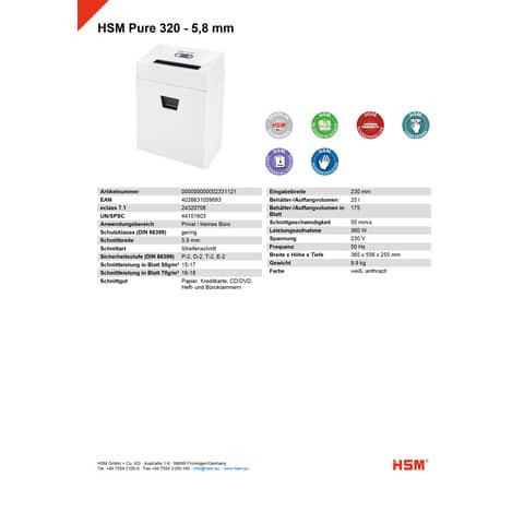 Aktenvernichter Pure 320 weiß HSM 2331121 Streif. 5,8mm