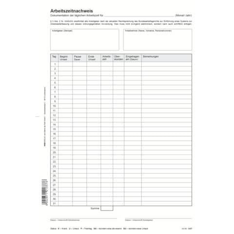 Arbeitszeitnachweis A4 24Bl. RNK 1337