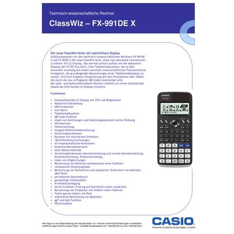 Schulrechner Technisch Wiss. 2-zeilig CASIO FX-991DEX ClassWiz