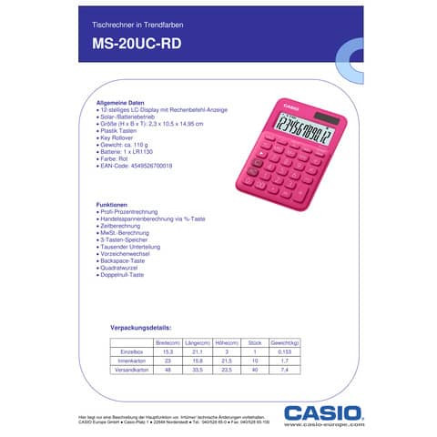 Tischrechner 12-stellig rot CASIO MS-20UC-RD
