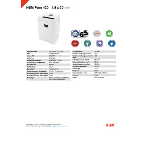 Aktenvernichter Pure 420 weiß HSM 2343111 Part. 4,5x30mm