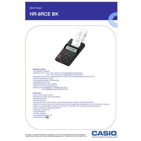 Tischrechner 12-stellig schwarz CASIO HR-8RCE-BK (Crt.) druckend