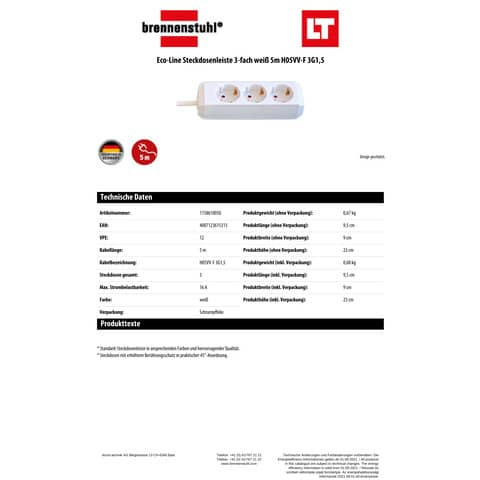 Verteilersteckdose 3-fach 5m weiß BRENNENSTUHL 1158610050 Eco-Line