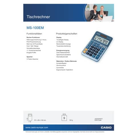 Tischrechner 10-stellig silberblau CASIO MS-100EM Solar/Batterie 103x147x29