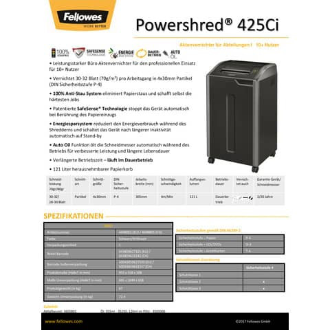 Aktenvernichter 425Ci anthrazi FELLOWES 4698001 Partikel