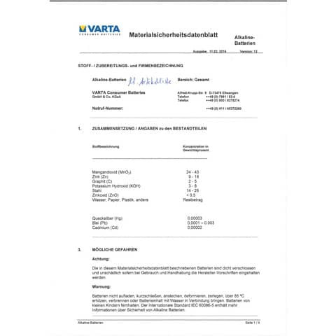 Batterie Knopf Alkaline 1,5V VARTA 04276101401 V13ga 1Stück