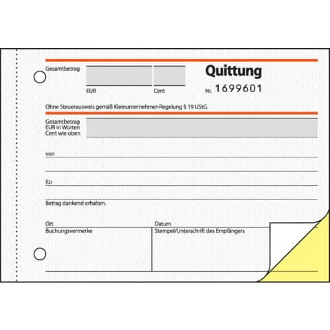 Quittung für Kleinunternehmer ohne MwSt.-Ausweis - A6, MP, SD, 2 x 30 Blatt