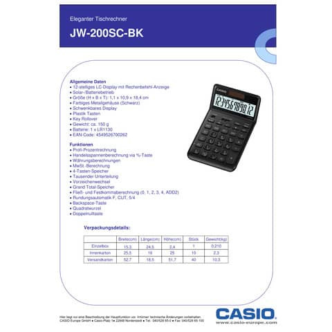 Tischrechner 12-stellig schwarz CASIO JW-200SC-BK
