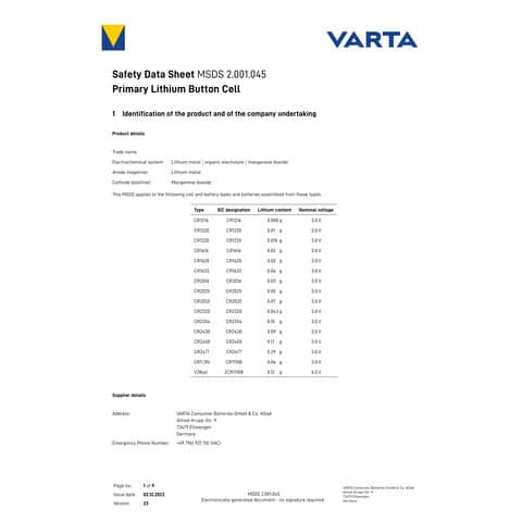 Batterie Knopf Lithium 3V VARTA 06032101401 CR2032 1St
