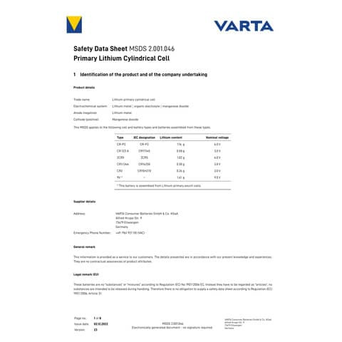 Batterie Photo Lithium 3V Cr2 VARTA 6206301401 1St