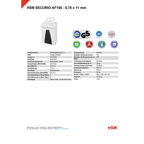 Aktenvernichter Part.AF150 weiß HSM 2085111 0,78x11mm