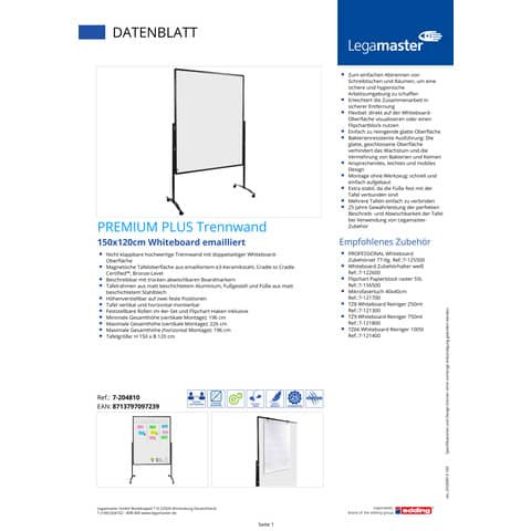 Trennwand PREMIUM+ mobil 150x120 cm LEGAMASTER 7-204810 emailliert