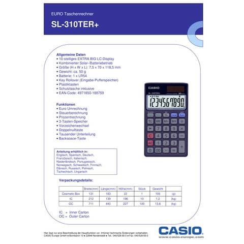 Taschenrechner 10-stellig sw CASIO SL-310TER+ 70x118,5x8mm BxHxT