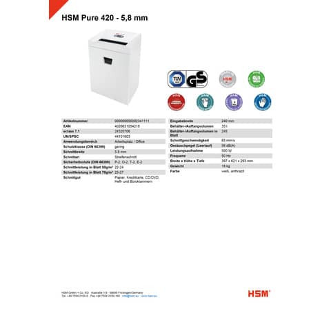 Aktenvernichter Pure 420 weiß HSM 2341111 Streif.5,8