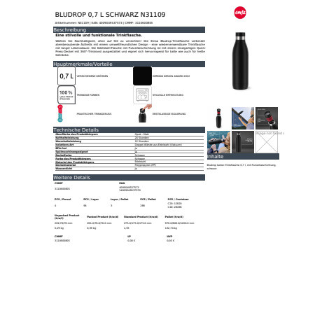 Trinkflasche 0,7l schwarz EMSA N3110900 Bludrop