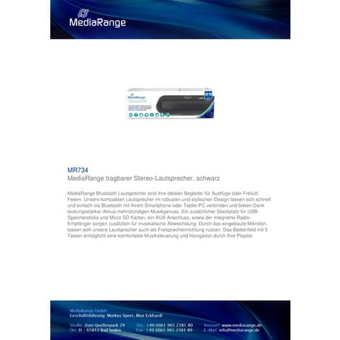 Bluetooth Lautsprecher schwarz MEDIARANGE MR734