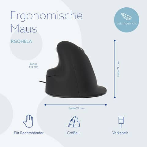 HE Mouse Ergonom. Maus 75x83x106mm sw R-GO TOOLS RGOHELA f. Rechtsh.