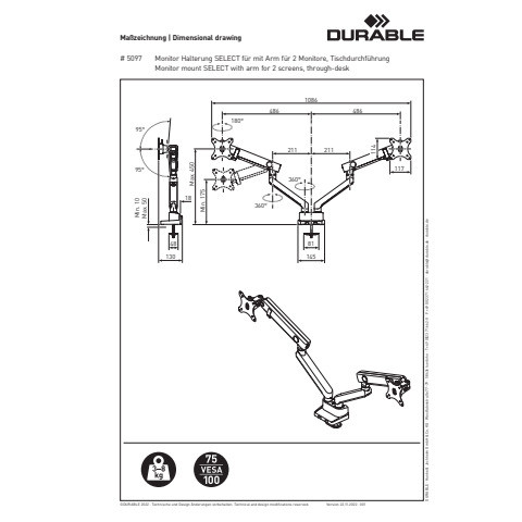 Bildschirmträger SELECT PLUS 2 Monit 32Z DURABLE 5097 23 Tischklemme Alu