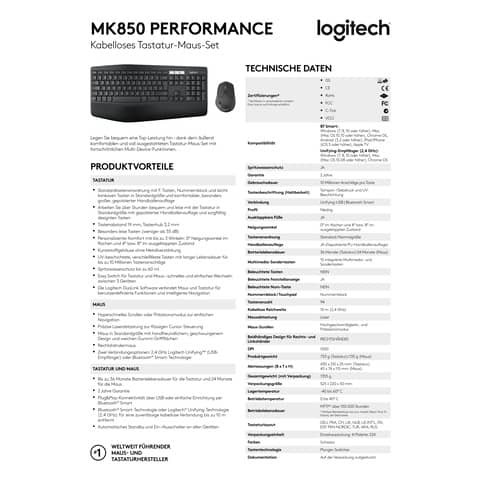 Tastatur + Maus MK850 Wireless schwarz LOGITECH 920-008221