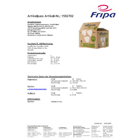 Toilettenpapier 3-lag 27Rl weißgrau FRIPA 1592702 250Bl.