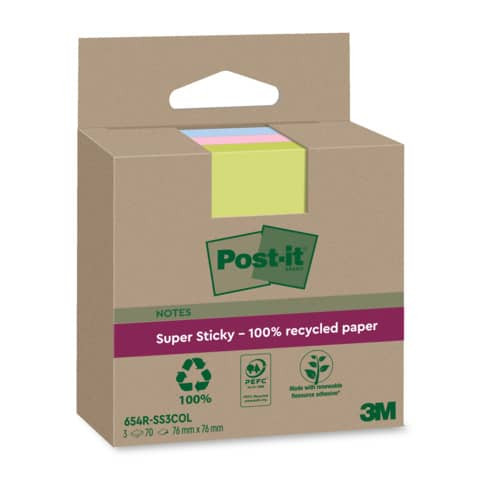 Haftnotizblock Recycled 3x70BL farbig POST-IT 654 RSS3COL 76x76mm Super Sticky
