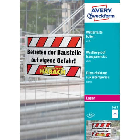 Polyesterfolie A4 100BL weiß ZWECKFORM 3487 A4 Opak wetterfest