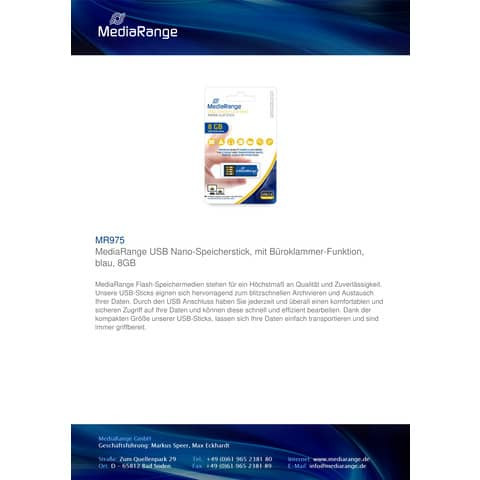 USB Stick 2,0 ClipOn blau MEDIARANGE MR975 8GB