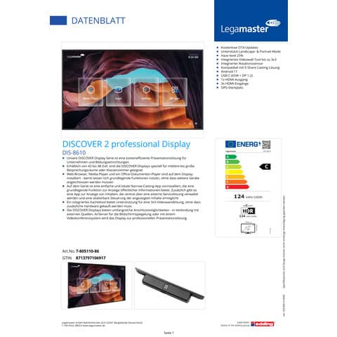 Elektronisches Business-Display schwarz LEGAMASTER 805110-86EU 85Zoll